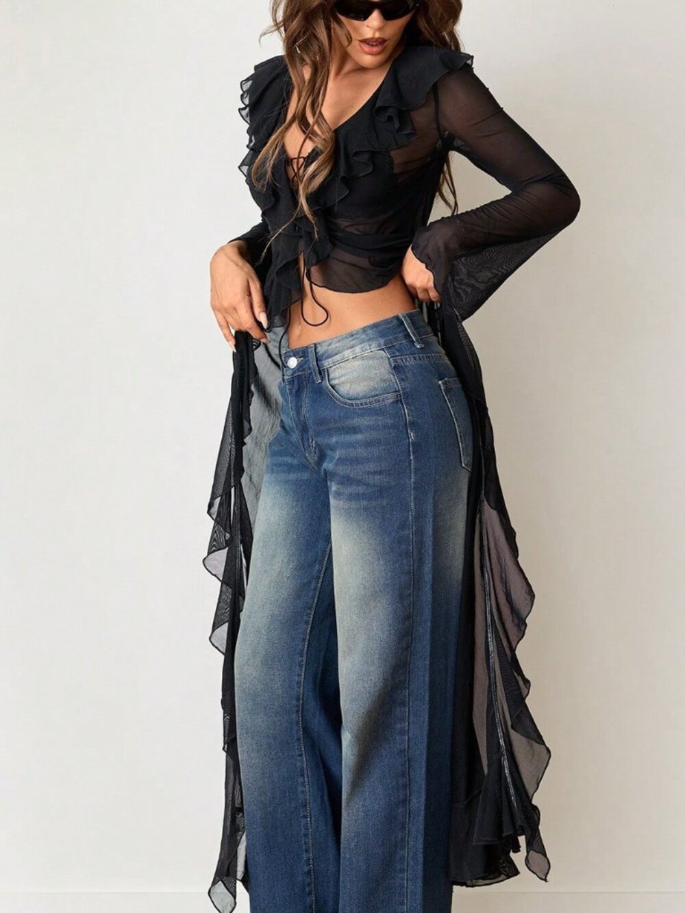 Black Casual Women's Y2k Elegant Ruffle Tie Long Sleeve Sheer Jacket - Picture 6 of 8